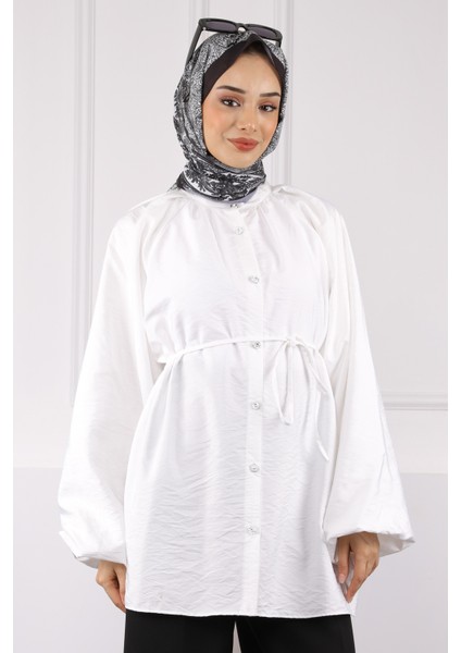 Ekru Balon Kol Kuşaklı Gömlek