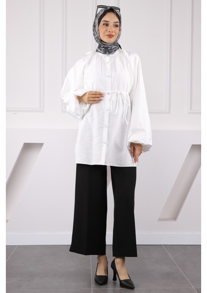 Ekru Balon Kol Kuşaklı Gömlek modelleri