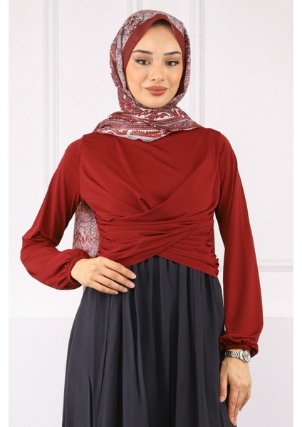 Bordo Çapraz Drape Detaylı Sandy Bluz