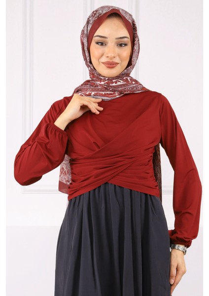 Bordo Çapraz Drape Detaylı Sandy Bluz