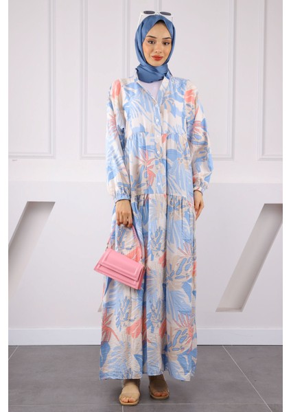 Bebe Mavi Yarım Düğmeli Desenli Elbise