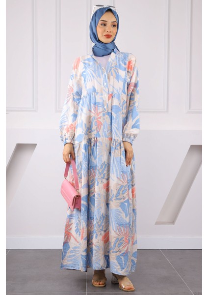 Bebe Mavi Yarım Düğmeli Desenli Elbise fiyatları