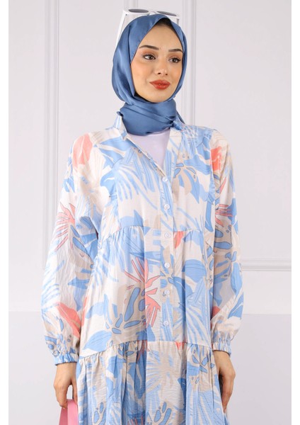 Bebe Mavi Yarım Düğmeli Desenli Elbise fırsatları