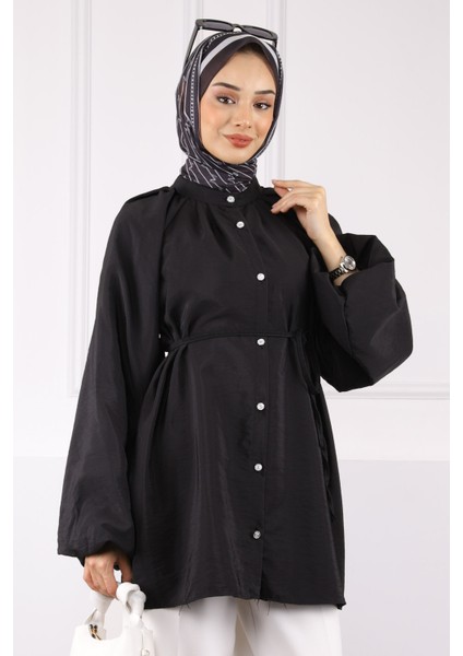 Siyah Balon Kol Kuşaklı Gömlek