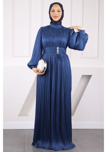 Lacivert Piliseli Taşlı Şifon Abiye