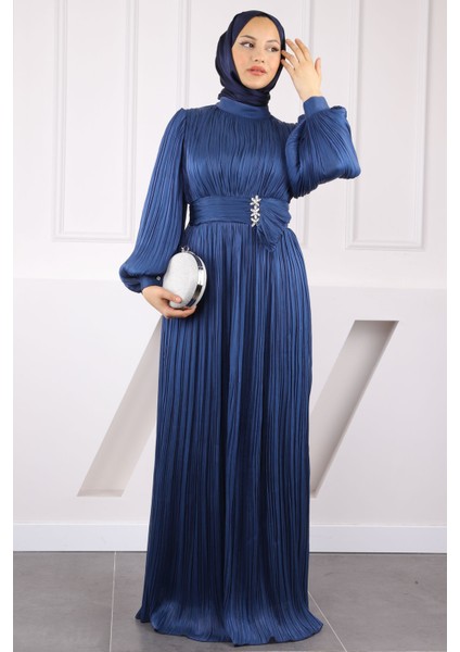 Lacivert Piliseli Taşlı Şifon Abiye fiyatları