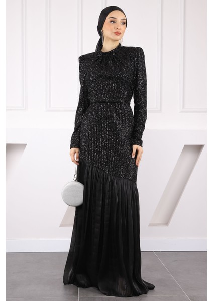 Siyah Payetli Eteği Piliseli Abiye