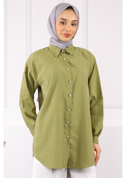 Haki Taşlı Düğmeli Modal Gömlek