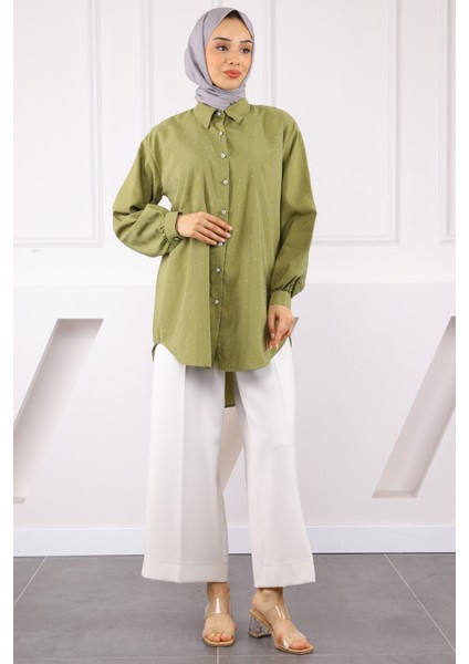Haki Taşlı Düğmeli Modal Gömlek modelleri