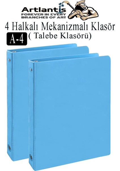 Açık Mavi 4 Halkalı Klasör 2 Adet A4 Pvc Öğrenci ve Ofis Tipi Evrak Sunum Klasörü Iç Cepli Otomatik Mekanizmalı Büro