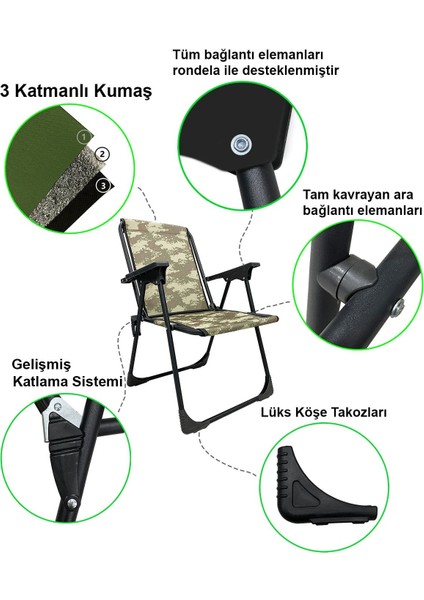 Natura 4 Adet Kamp Sandalyesi Katlanır Piknik Sandalye Oval Bardaklıklı Kamuflaj