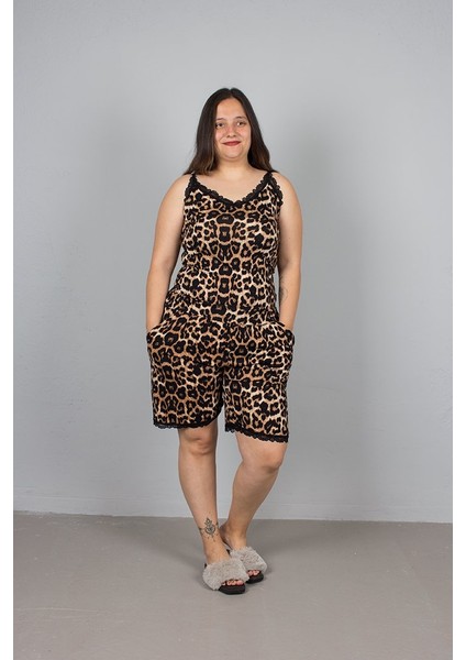 Büyük Beden Ayarlanabilir Askılı Şortlu Leopar Pijama Takım fiyatları