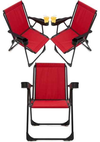 Silva 3 Adet Kamp Sandalyesi Bardaklıklı Lüks Piknik Sandalye Kırmızı