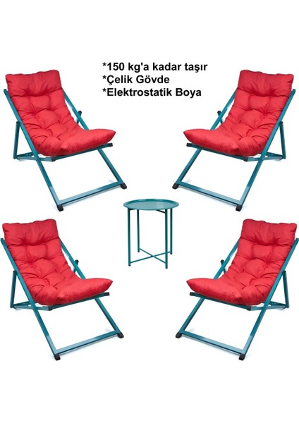 Minderli - Kumy Şezlong Seti Katlanır Dörtlü Set - 4 Şezlong 1 Sehpa