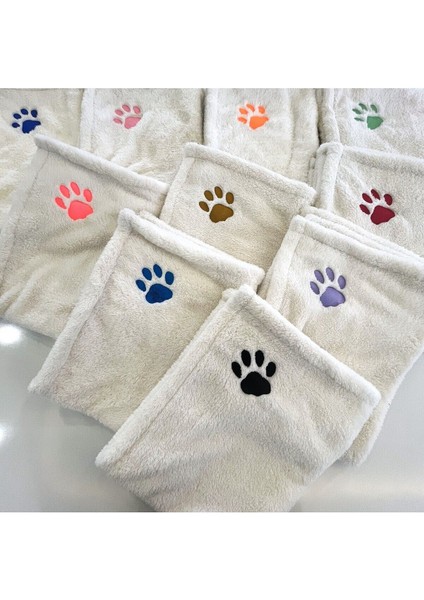Luxury Kedi Köpek Battaniyesi Ekru Beyaz - Mavi Pati Nakışlı - Wellsoft Premium Fluffy Kumaş 1 Adet modelleri