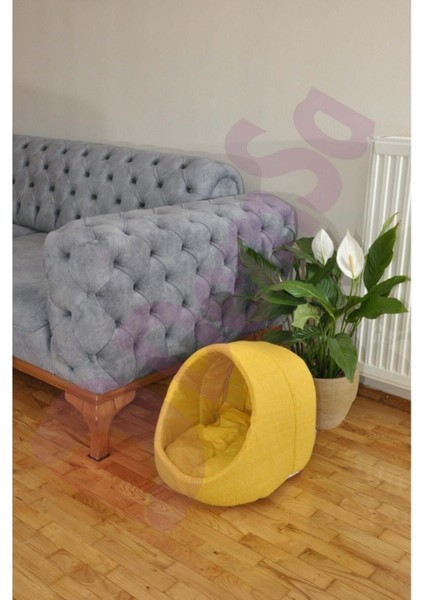 Luxury Köpek Yatağı Mağara Yıkanabilir Elyaf Minderli Yumuşak Sarı 1 Adet