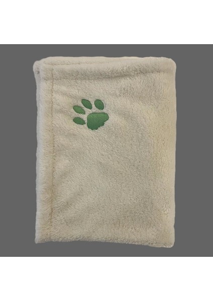 Luxury Kedi Köpek Battaniyesi Ekru Beyaz - Mint Yeşil Pati Nakışlı - Wellsoft Premium Fluffy Kumaş 1 Adet