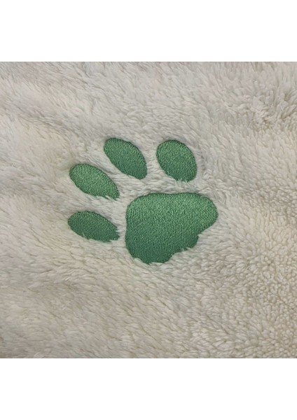 Luxury Kedi Köpek Battaniyesi Ekru Beyaz - Mint Yeşil Pati Nakışlı - Wellsoft Premium Fluffy Kumaş 1 Adet fiyatları