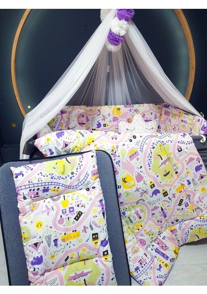 ; Kız Bebek Uyku Seti 70X110 - Lüks Cibinlikli, Beşik Kenar Korumalı, 17 Parça