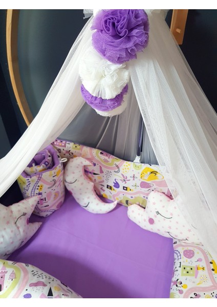 ; Kız Bebek Uyku Seti 70X110 - Lüks Cibinlikli, Beşik Kenar Korumalı, 17 Parça