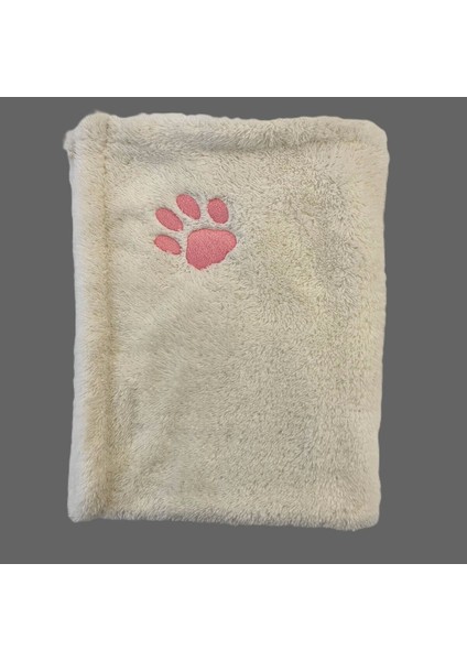 Luxury Kedi Köpek Battaniyesi Ekru Beyaz - Şeker Pembe Pati Nakışlı - Wellsoft Premium Fluffy Kumaş 1 Adet