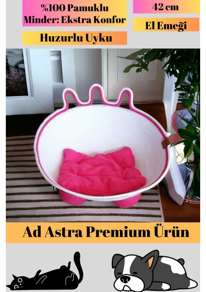 Luxury Premium Ürün Pembe-Beyaz %100 Jüt Pamuklu Ip El Emeği Sağlıklı Konforlu Minderli Kedi Köpek Yatağı 1 Adet