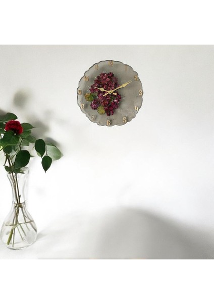 - Gerçek Begonya Çiçeği Temalı Epoksi Duvar Saati - 30 cm - Açık Siyah Renk Seri 2