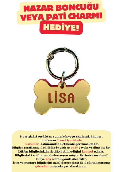 Luxury Sarı Aynalı Kemik Isimli Kedi Köpek Künyesi ( Kendi Künyeni Tasarla ) 1 Adet