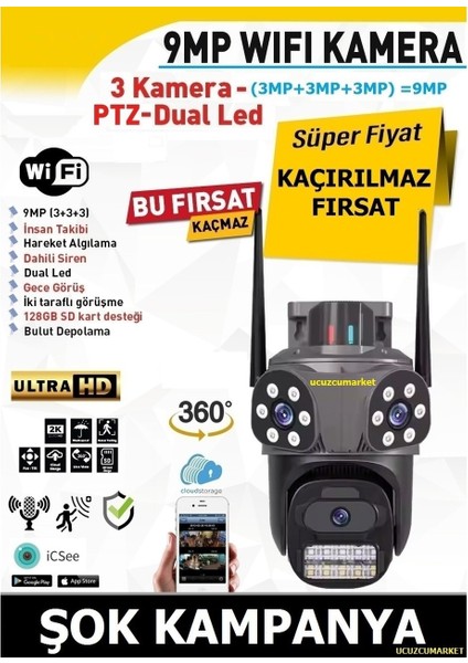 Üç Kameralı Speed Wifi Kamera (Alarm Siren- Uzaktan Izleme-Kayıt Etme-Gece Görüş-Hareket Algılama)