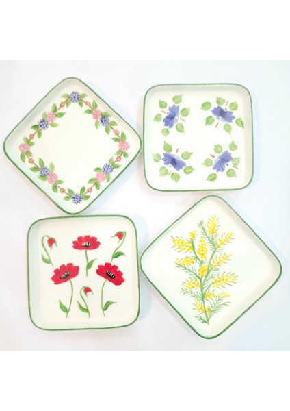 Çiçek Desen Kare Mini Sunum Tabağı 4'lü