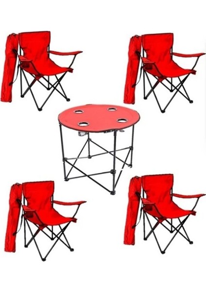 4 Adet Kırmızı Katlanır Kamp Sandalyesi Ve 70cm Masa Seti