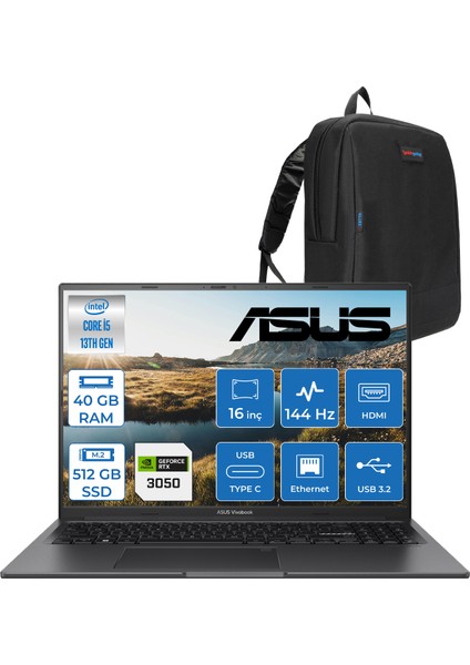 Vivobook 16X K3605VC-RP461 Intel Core I5 13420H 40GB 512GB SSD RTX3050-4GB Freedos 16" 144Hz Wuxga Taşınabilir Bilgisayar RP461F17 + Zetta Çanta