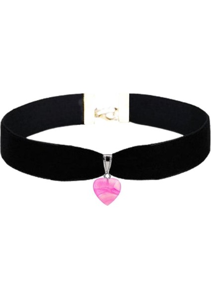 Pembe Damarlı Akik Doğal Taş Kadın Siyah Kadife Choker Kolye