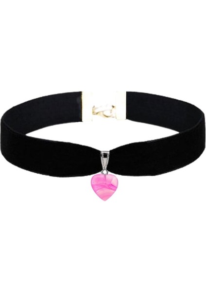 Pembe Damarlı Akik Doğal Taş Kadın Siyah Kadife Choker Kolye modelleri
