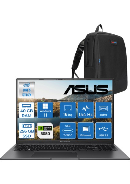 Vivobook 16X K3605VC-RP461 Intel Core I5 13420H 40GB 256GB SSD RTX3050-4GB Windows 11 Home 16" 144Hz Wuxga Taşınabilir Bilgisayar RP461H16 + Zetta Çanta