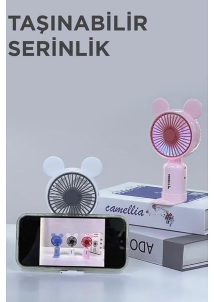 Mini Taşınabilir Fan Vantilatör Şarjlı Ledli Ayıcık Kulaklı 2 Kademeli Klima Soğutucu