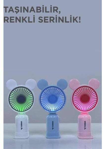 Mini Taşınabilir Fan Vantilatör Şarjlı Ledli Ayıcık Kulaklı 2 Kademeli Klima Soğutucu