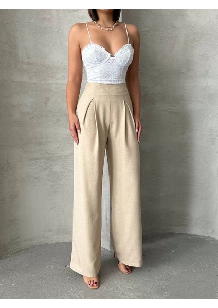 Pileli Keten Pantolon S255046
