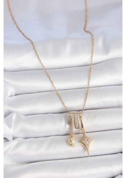 316L Çelik Gold Renk Zirkon Taşlı Sallantı Ay Yıldız Figür Charm Kadın Kolye - TJ-BKO10101 fiyatları