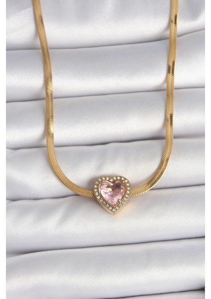 316L Çelik Gold Renk Italyan Zincir Pembe Zirkon Taşlı Kalp Model Kadın Kolye - TJ-BKO10120