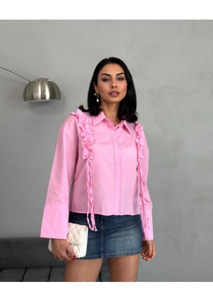 Kadın Pembe Omuz Detaylı Tesettüre Uygun Gömlek