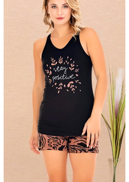 Siyah Renk ve Desenli Lady 7734 Pamuk Viskon Likralı Askılı V Yakalı Şortlu Pijama Takımı