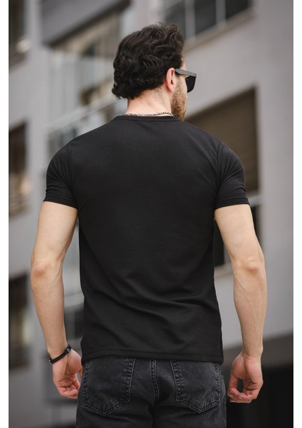 Mizza Flok Baskılı Waffle Desen Slim Fit Likralı Erkek Tshirt modelleri