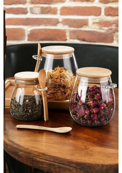 Tombul 3!lü Borosilikat Cam Bambu Kapaklı Kavanoz Baharatlık Seti 350 -600-1000 ml fiyatları