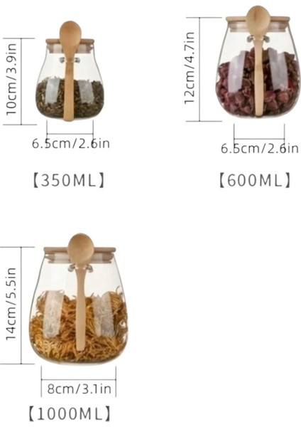 Tombul 3!lü Borosilikat Cam Bambu Kapaklı Kavanoz Baharatlık Seti 350 -600-1000 ml modelleri