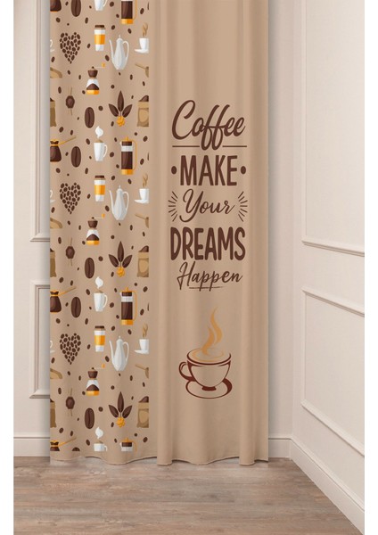 Coffee Mutfak Kahve Çekirdeği Tatlı Meyve Yeşillik Desenli Özel Tasarım Bohem (Tek Kanat) Fon Perde