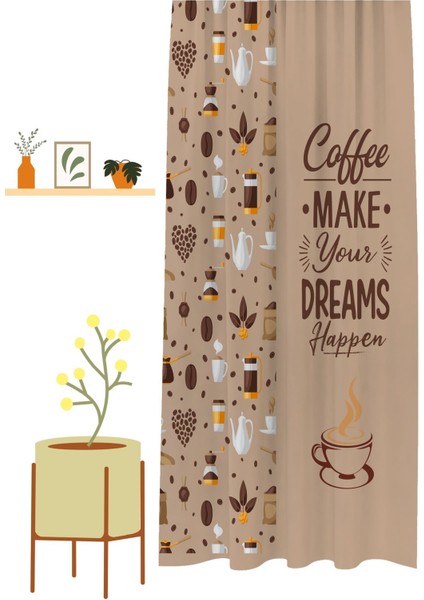 Coffee Mutfak Kahve Çekirdeği Tatlı Meyve Yeşillik Desenli Özel Tasarım Bohem (Tek Kanat) Fon Perde
