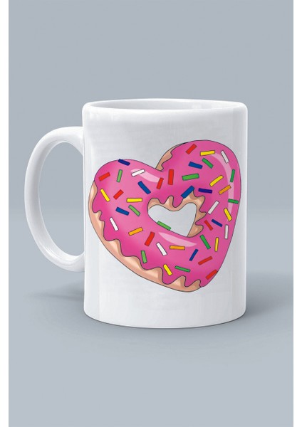 Çilekli Donut Kalp Tasarım Baskılı Beyaz Klasik Kupa Bardak