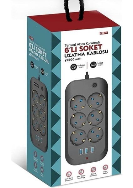 Hoala Termal Akım Korumalı, 6'lı Priz Soketi, 3x USB Girişli Çocuk Korumalı Uzatma Kablosu (2mt Kablo) fiyatları