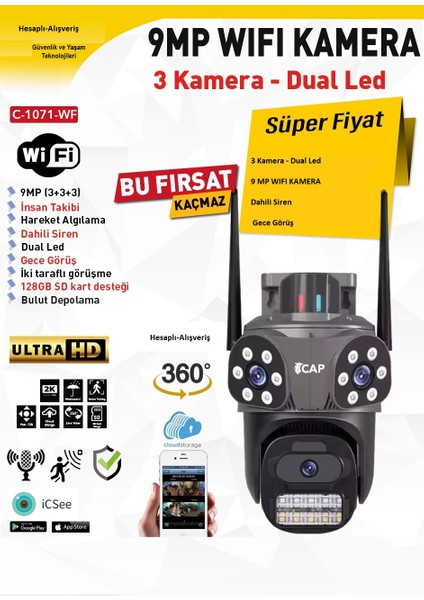 9mp 360° Ptz Wifi Kamera (Alarm Siren- Uzaktan Izleme-Kayıt Etme-Gece Görüş-Hareket Algılama)